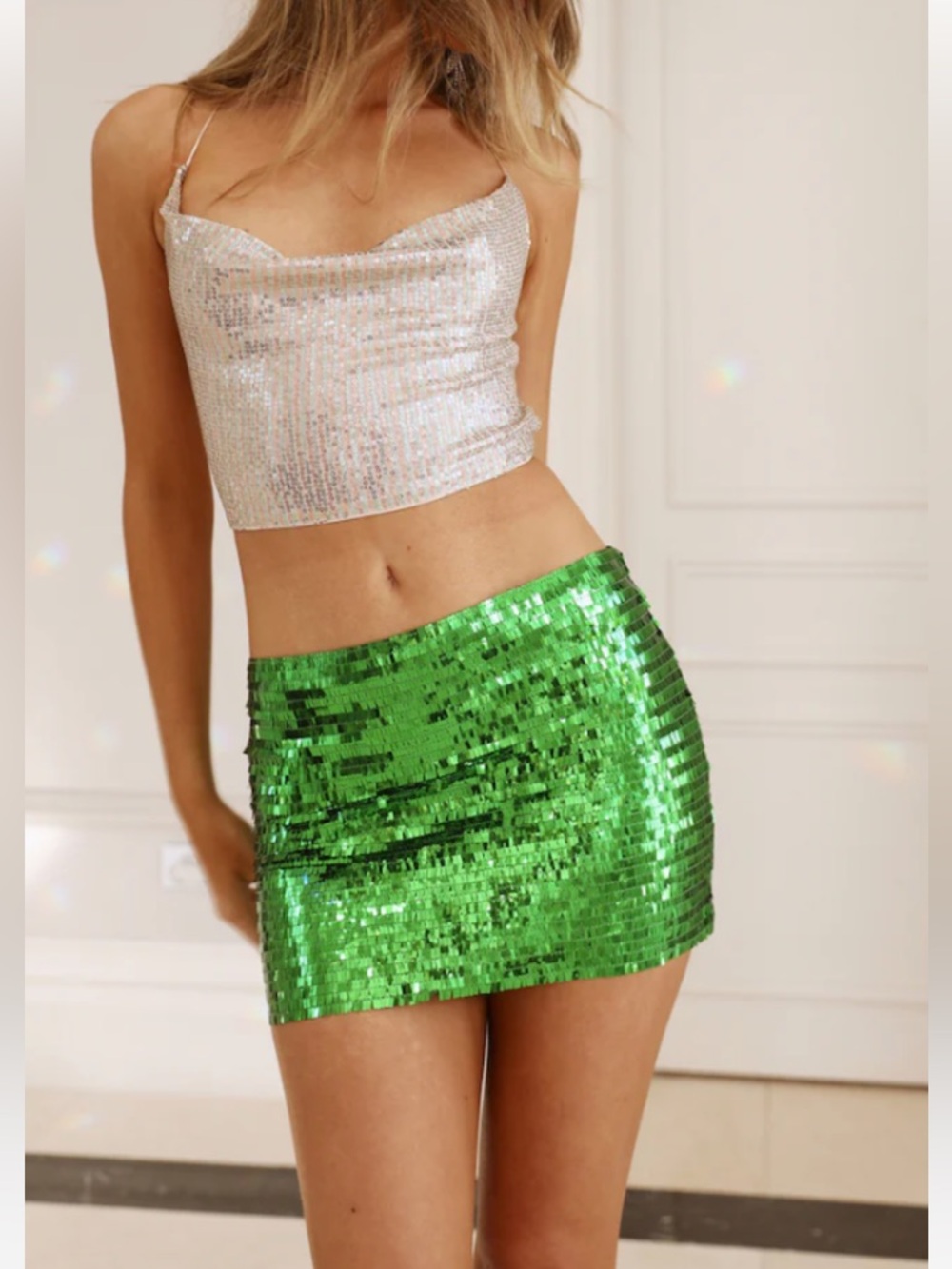Lioness Green Sequin Mini Skirt